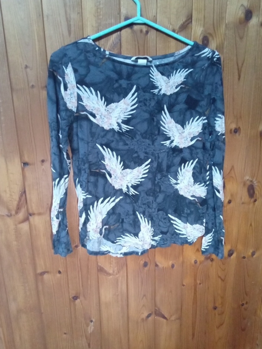 H&M Black Long-Sleeve Top with White/Cream Bird Print
